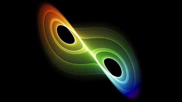 Rainbow coloured depiction of a Lorenz attractor, in the shape of a figure eight.