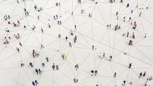 Aerial view of crowd connected by lines