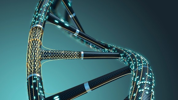 Computer rendering of a section of a DNA molecule against a turquoise and black background