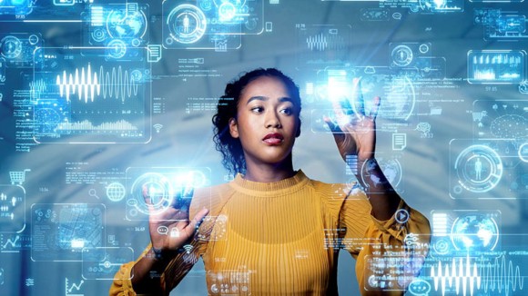 Young black women against a backdrop of AI-driven images of computers, graphs