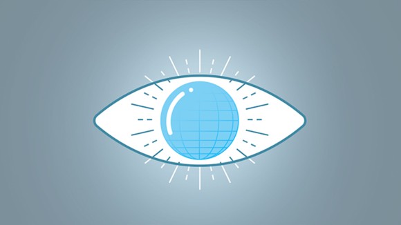 Large simplified drawing of a single open eye with a simplified globe presented as the pupil of the eye.