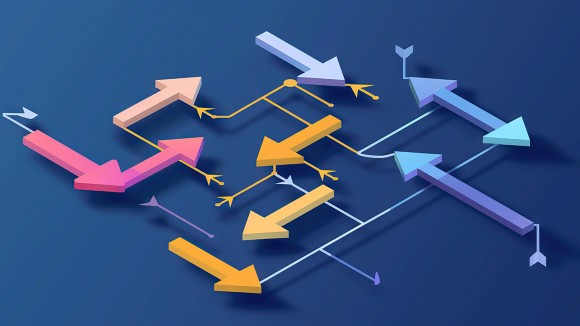 An artistic digital rendering featuring a collection of arrows pointing in various directions, symbolizing the complexity and multitude of choices involved in the decision-making process