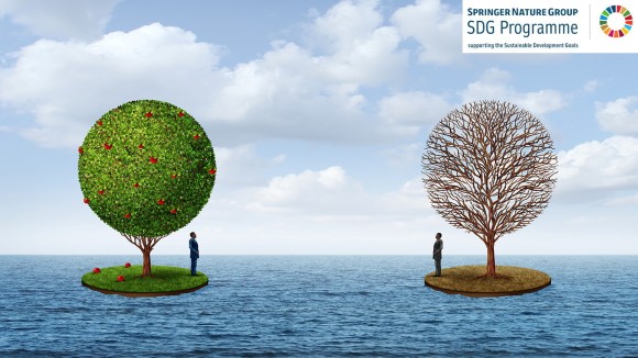 3D illustration showing two patches of land floating in the water, one with a healthy tree on it and the other with a dead tree on it, meant to symbolise the concept of prosperity and poverty and the disparity in wealth.