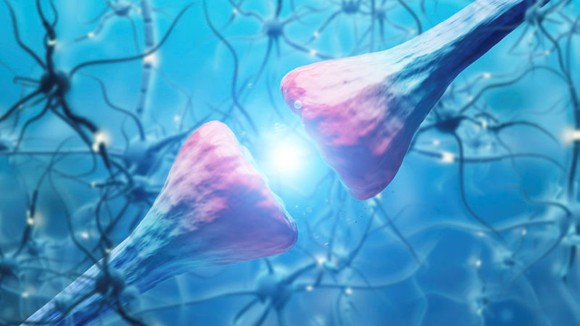 Abstract image of pink and white diagonal neurons over blue background with nervous cells. Concept of science and medicine. 3d rendering double exposure.