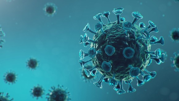 Graphic rendering of a SARS-CoV-2 virus on a teal background