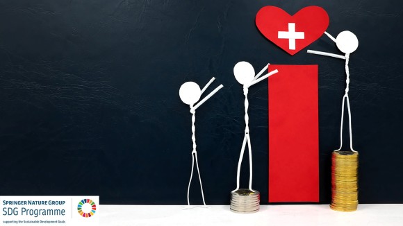 Stick figure reaching for a red heart shape with cross cutout while stepping on stack of coins. Healthcare, medical care and hospital access inequality concep
