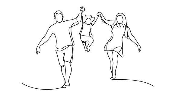 Happy family in continuous line art drawing style