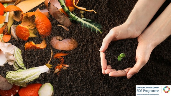 Image of compost waste including orange peels and vegetables set against a background of soil. There are a pair of hands holding some soil with a sprouting green coming up.