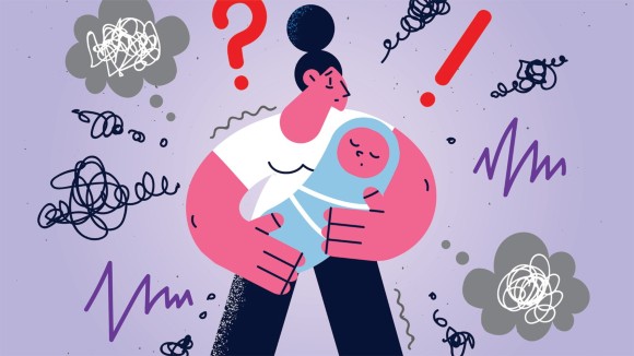 Postnatal depression concept.  Illustration of cartoon mother figure holding baby surrounded by sound images.