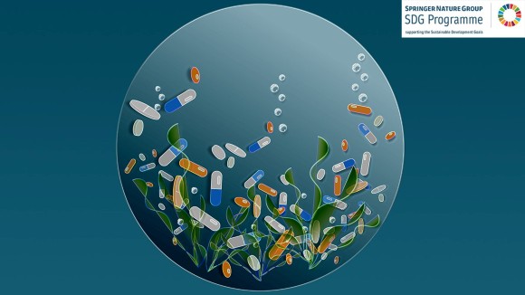 Abstract illustration featuring colorful pharma pills and capsules falling into water in which aquatic plants grow