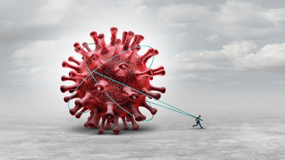 A man hauling a 3D virus infection with ropes, representing Long Covid syndrome and coronavirus pandemic symptoms that persist as a burden concept or being tied/trapped.