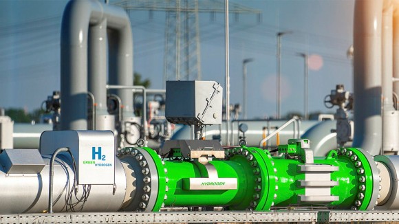 Green Hydrogen renewable energy production pipeline - green hydrogen gas for clean electricity solar and windturbine facility.
