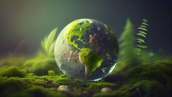 AI-generated image of Earth on a bed of moss and sprouting plants
