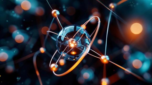Detailed depiction of an atom with electrons orbiting the nucleus, showcasing a central clear sphere with glowing orbitals against a dark, bokeh lit backdrop