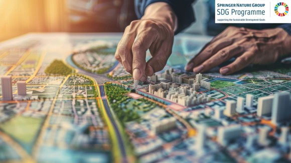 An architect exploring a 3D city model on a detailed map, planning urban development