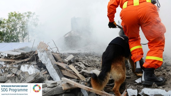 Disaster recovery effort: man in orange hi-viz suit accompanied by recovery canine during aftermath of an earthquake