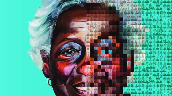 The image shows a painting of the face of a Black woman, on one side overlaid with pixelated miniature images of additional human faces.