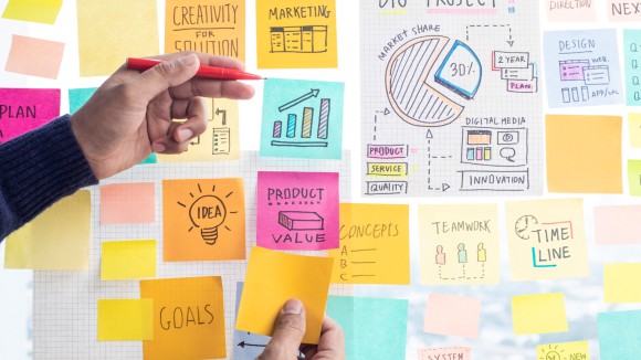 Post-it notes with marketing notes and brainstorming