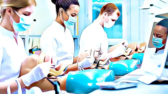Dental students working on dummy patients