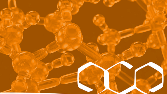 Glassy molecular structure on orange background, with CommsChem-branded benzene rings in bottom right corner