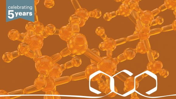 Artsy molecular structure on orange background, with 'celebrating 5 years' badge in top left corner