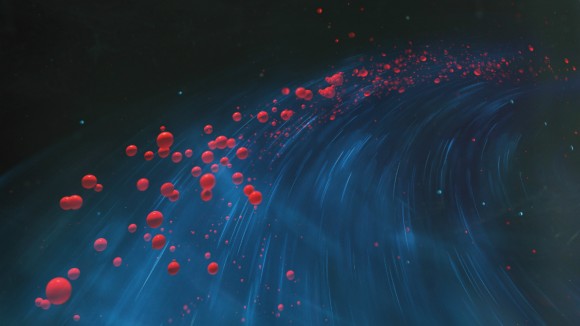 Red spheres traveling on a bent trajectory through space