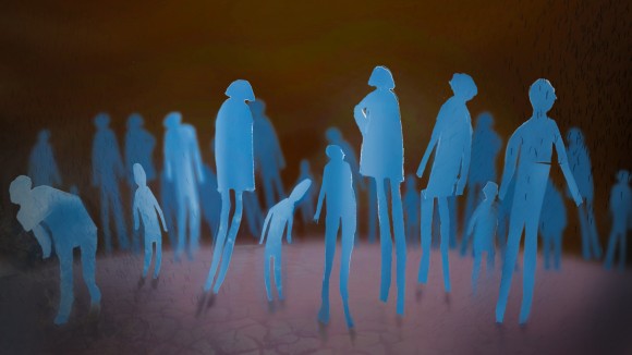 blue paper human forms on a red earth