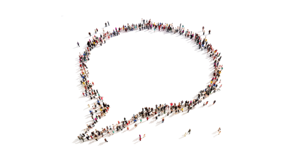 Group of people viewed from above in formation of a speech bubble