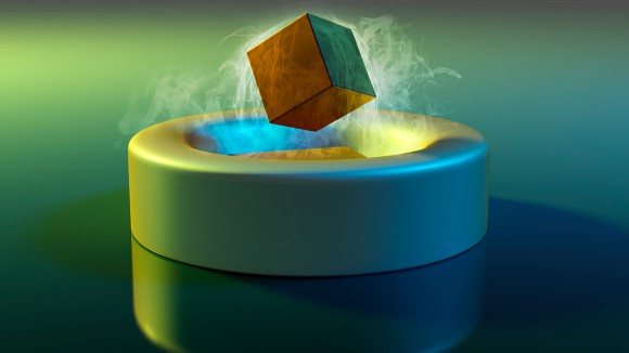 Magnet floating above a superconductor, illustration - stock illustration