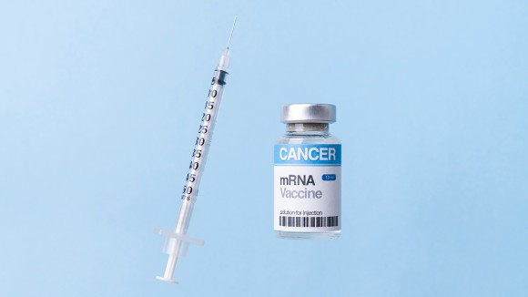mRNA vaccine vial for cancer immunotherapy on blue