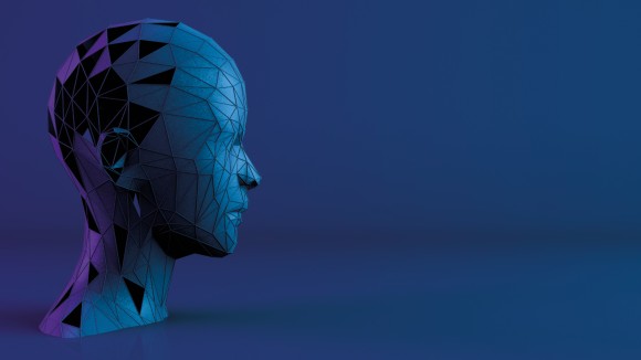 3D rendering of a head made up of flat triangles, on a blue background. Represents machine learning concepts