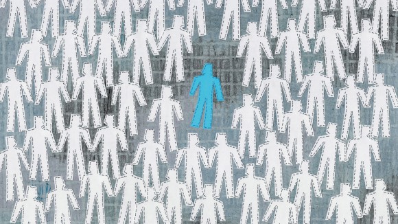 Paper collage of lots of human silhouettes and only one isolated blue in the middle