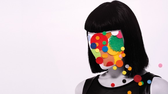 collage of woman with felt circles on face