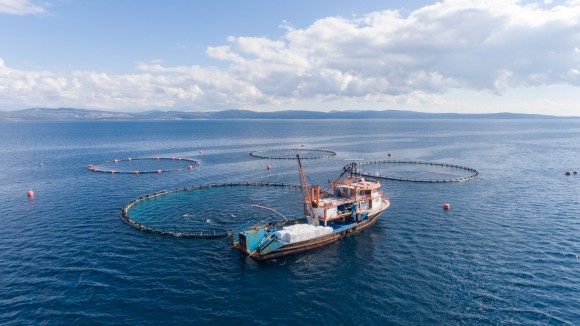 Drone photo of a open sea fish farm in the Mediterranean Sea.