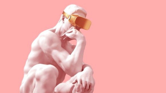 A Greek-like statue of a man sitting with his palm up on his mouth, wearing a Virtual Reality goggles.