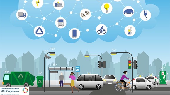 Everything connected in the smart city. Sensors in garbage cans for pickup time: real-time traffic sensors, autonomous vehicles, and electricity for sustainable transports.