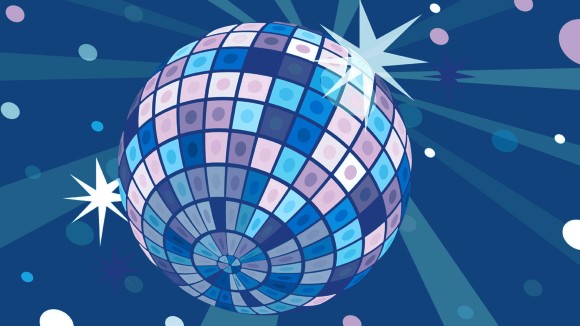A large glitter disco ball, made up of islet cells, in blues and pinks. The ball is surrounded by stars, circles and stripes.