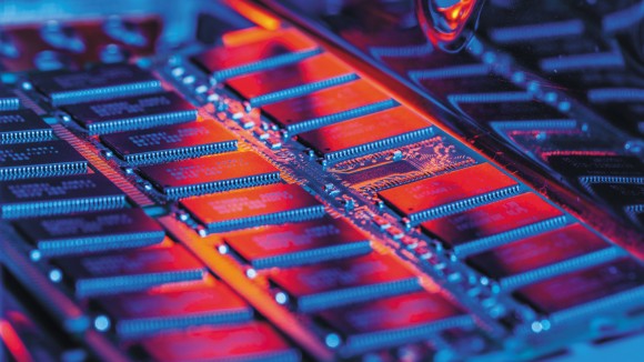 A close-up photo showing computer random access memory (RAM).