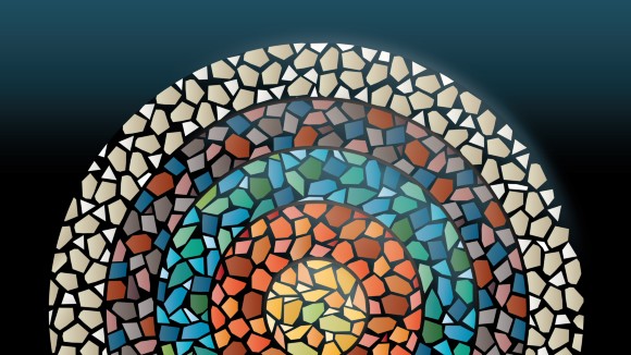 Illustration of a target with 5 rings. Each ring is composed of a mosaic of irregular shapes.