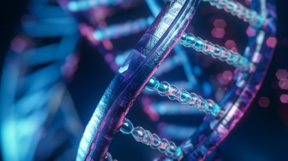 Close-up of computer generated DNA double-helix, in blue hues