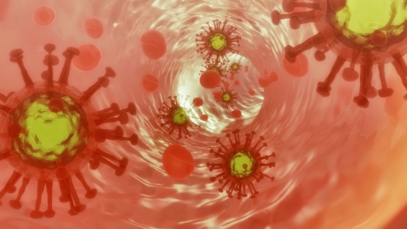 coronavirus cell traveling through a blood vessel