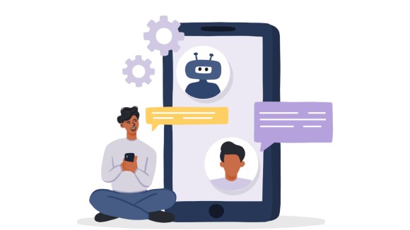 A man talks to a chatbot on his phone. 