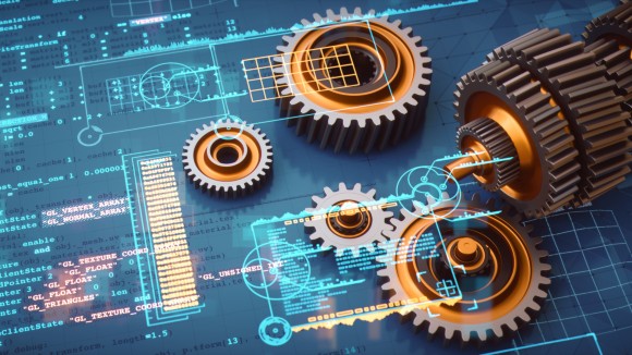 Gearshift engineering mechanism design concept with a computer code blueprint, gear parts and virtual reality glowing digital infographic overlay