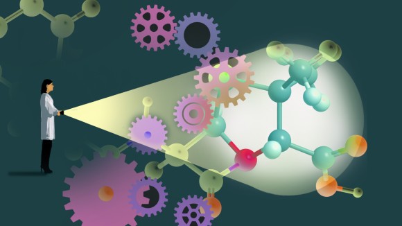 Scientist illuminating gears and molecules with flashlight