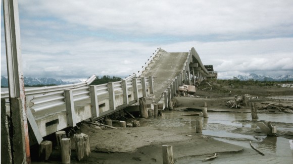 A highway bridge over the Copper River damaged by the 1964 Alaska earthquake.