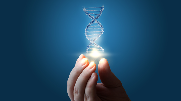 DNA in hand on blue background concept design