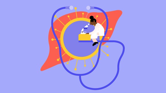 Illustration showing a lady looking into a microscope surrounded by a large stethoscope and liver 