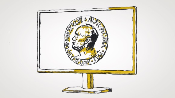 A computer monitor displaying the Nobel Prize medal, in sketch mode.