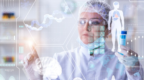 Woman doctor in telemedicine in the background with white outlined hexagons filled with white images of body and DNA parts.