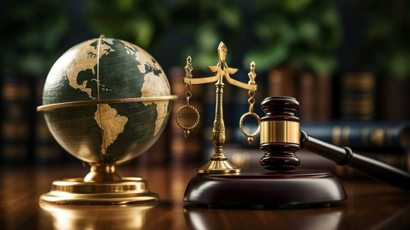 World and wooden gavel with a golden scale for law international environmental concept of business corporate and industry.